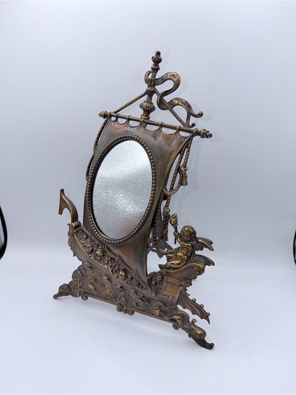 Ornate Brass Cherub Vanity Mirror - Bronze Finish